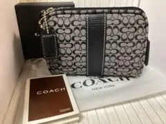 未使用コーチCOACH ロゴプリント ポーチ ブラック/グレー本物