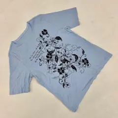 Tシャツ 黒花柄プリント 水色 半袖 コットン オシャレ カジュアル 大人