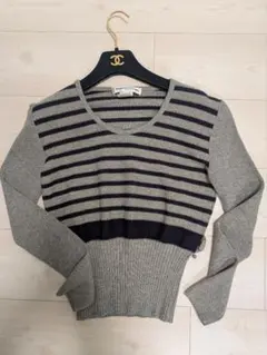 美品　ソニアリキエル　グレーとネイビーのストライプニットセーター　サイズ40