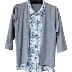 グレーの七分袖シャツ 花柄襟