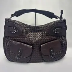 美品 編み込みレザー ハンドバッグ ダークブラウン 大容量