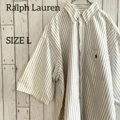 90s ラルフローレン メンズ 半袖 シャツ Lサイズ ホワイト ストライプ柄