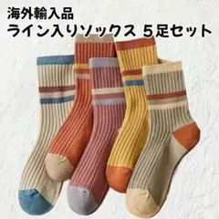 【海外輸入品】ライン入りソックス 5足セット アースカラー【新品未使用品】