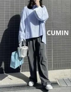CUMIN 水色 ストライプ ワイドスリーブシャツ
