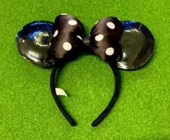 希少 ミニーカチューシャ 黒のドット柄　スパンコール