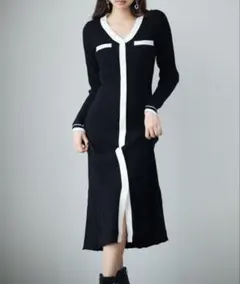 SAISON DE PAPILLON配色リブ編みニットミディ丈ワンピース L