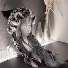 猫耳ニット帽　ボンネット　白　黒　赤　フリル　グランジ　y2k 手編み