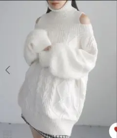 【VIS】オフショルケーブル編みミニワンピース ニットワンピ