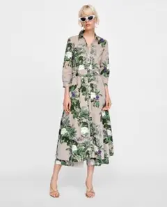 ZARA　花柄ストライプ　シャツワンピース　ボタニカル