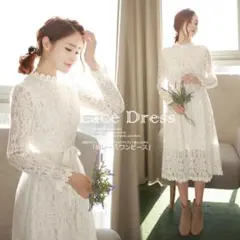 総レースワンピース　レディース 長袖 ドレスワンピース 透け感 ミモレ丈