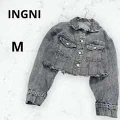 ＊イング＊ショート丈Gジャン 裾フリンジ ケミカルウォッシュ こなれ感 黒 M