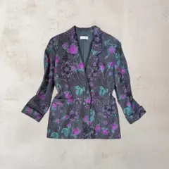 美品✨ 昭和レトロ テーラードジャケット 花柄 総柄 グレー 紫