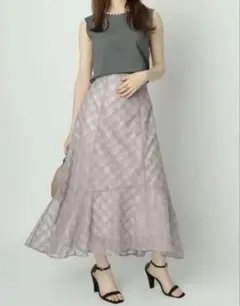 【美品】リランドチュール ウェーブチェックフレアスカート 0 モカピンク