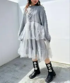 TULLE DOCKING CABLE KNIT ワンピースのサムネイル
