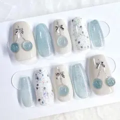 【オーダー】 マグネット × さくらんぼ グリーン ネイルチップ No.55