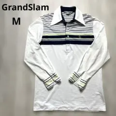 GrandSlam 長袖ポロシャツ M ホワイト×ネイビー ボーダー ロゴ入り