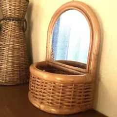 籐　ラタン　壁掛けミラー　レトロ　卓上ミラー ヴィンテージ