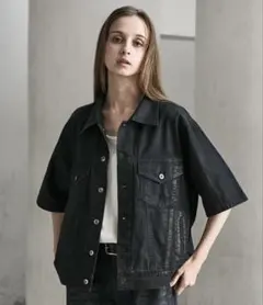 CLEL L インディゴ 箔プリント トラッカーデザインデニムシャツ 半袖