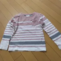 キッズ長袖カットソー ピンクと白のストライプ120-130