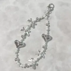 86 ビーズストラップ　ビーズキーホルダー　スマホストラップ　パール　リボン