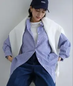 カラーストライプ長袖バンドカラーシャツブラウス　M