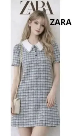 ZARA 青と白のチェック 半袖ミニワンピース　表記XS