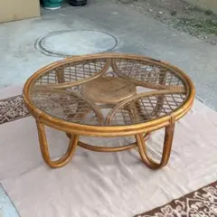 ヴィンテージ 丸ガラス ラタンテーブル 籐 ラウンド コーヒーテーブル 籐家具