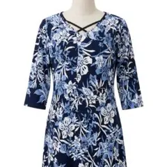 ♡d'Azur BASIC 花柄　チュニックワンピース LLサイズ　青系のサムネイル