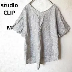 スタジオクリップ　Vネック半袖シャツ ボータイカラー風ブラウス　ゆったり　裾広め