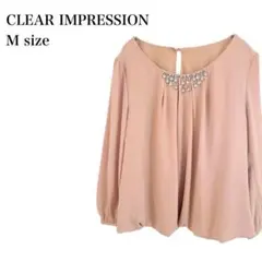 クリアインプレッション/ブラウス/ビジューネック/タック/M/ライトベージュ