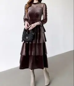 タグ付き COCOMOMO ベロアドレス ワンピース ダークブラウン