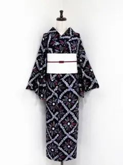 【超美品】有松絞り 絞り浴衣 紺地 花柄 ダイヤ　花菱文　レトロ　150裄63 超美品】有松絞り 絞り浴衣 紺地 花柄 ダイヤ 花菱文 レトロ 150裄63