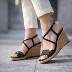 【極美品】DIANA オープントゥ サンダル ラメ ウエッジソール 23.5 黒