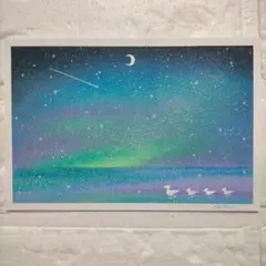 カルガモ親子と海 風景画 オイルパステル画 原画 ハガキサイズ #66