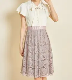 tocco closetパール付きボウタイリボンフラワーレース切り替えワンピース