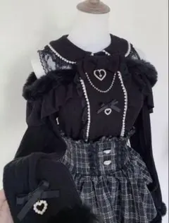 ブラックパールリボンラブハートトップス モコモコレースニット量産型 地雷系