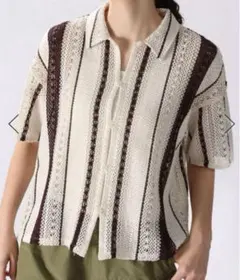 nikoand…ニコアンドアイボリー・ブラウンストライプ 半袖ニットシャツ