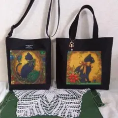 パネル猫柄大きめサコッシュとチャーム付きトートバッグ、ハンドメイド