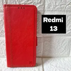 スマホケース Redmi 13 手帳型 カバー レッド カード収納 スタンド機能のサムネイル