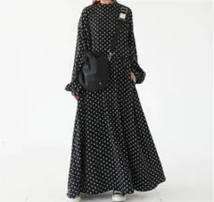ドット　長袖　Aライン　ロングワンピース　スタンドカラー　フレアー