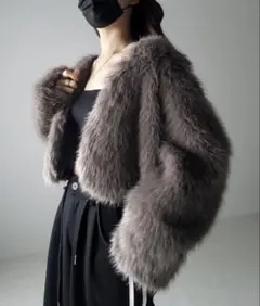 me+em select ノーカラーショートフェイクファーコート グレー