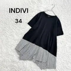 【インディビ】34(XS)半袖チュニック　ドッキングTシャツ　ストライプ　黒のサムネイル