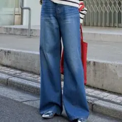 速乾・ウォッシャブル>ヴィンテージライク ハイウエストルーズデニムパンツ