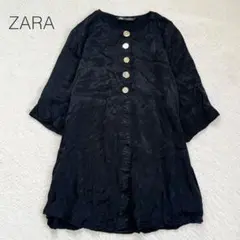 【ザラ】5分袖ブラウス チュニック おしゃれなボタン 光沢 大人女子 綺麗め 黒