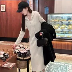 ロングワンピース　レディース　空港コーデ　ジャージ　ベージュ　XL