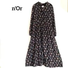 n'OrLABEL 花柄ワンピース　黒　L フレア　細見え