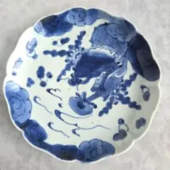古伊万里　雲龍輪花七寸皿　江戸時代　染付　雲竜　金直し　金継ぎ　アンティーク