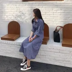 新品✨ストライプ ロングワンピース 韓国風 青白 ボーダー ワンピ