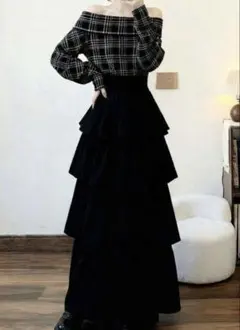 ティアードロングスカート ブラック フレア