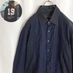 US古着 総柄シャツ 長袖 ロバートグラハム ストライプ 民族柄 紺色 2XL